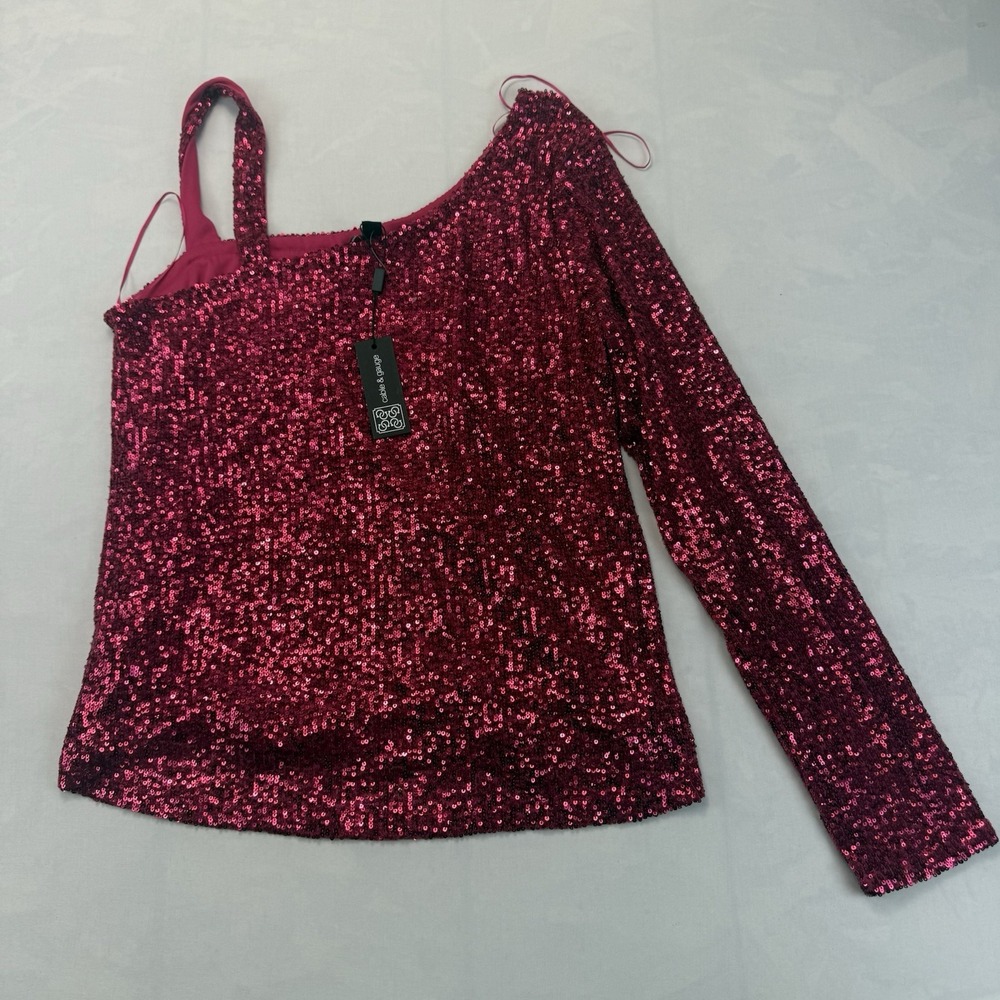 Cable & Gauge 1970's Inspired Dazzling Pink One Shoulder Sequin Top Large NWT